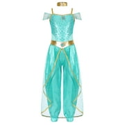 Kids Girls Sequins Arabian Princess Dress-Up Wedding Birthday Festival Party Fancy Outfit 6-16 LightGreen-A 8
